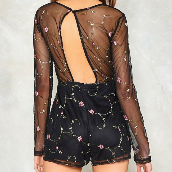 Nasty Gal Embroidered Flower Mesh Romper Playsuit - Picture 3 of 4